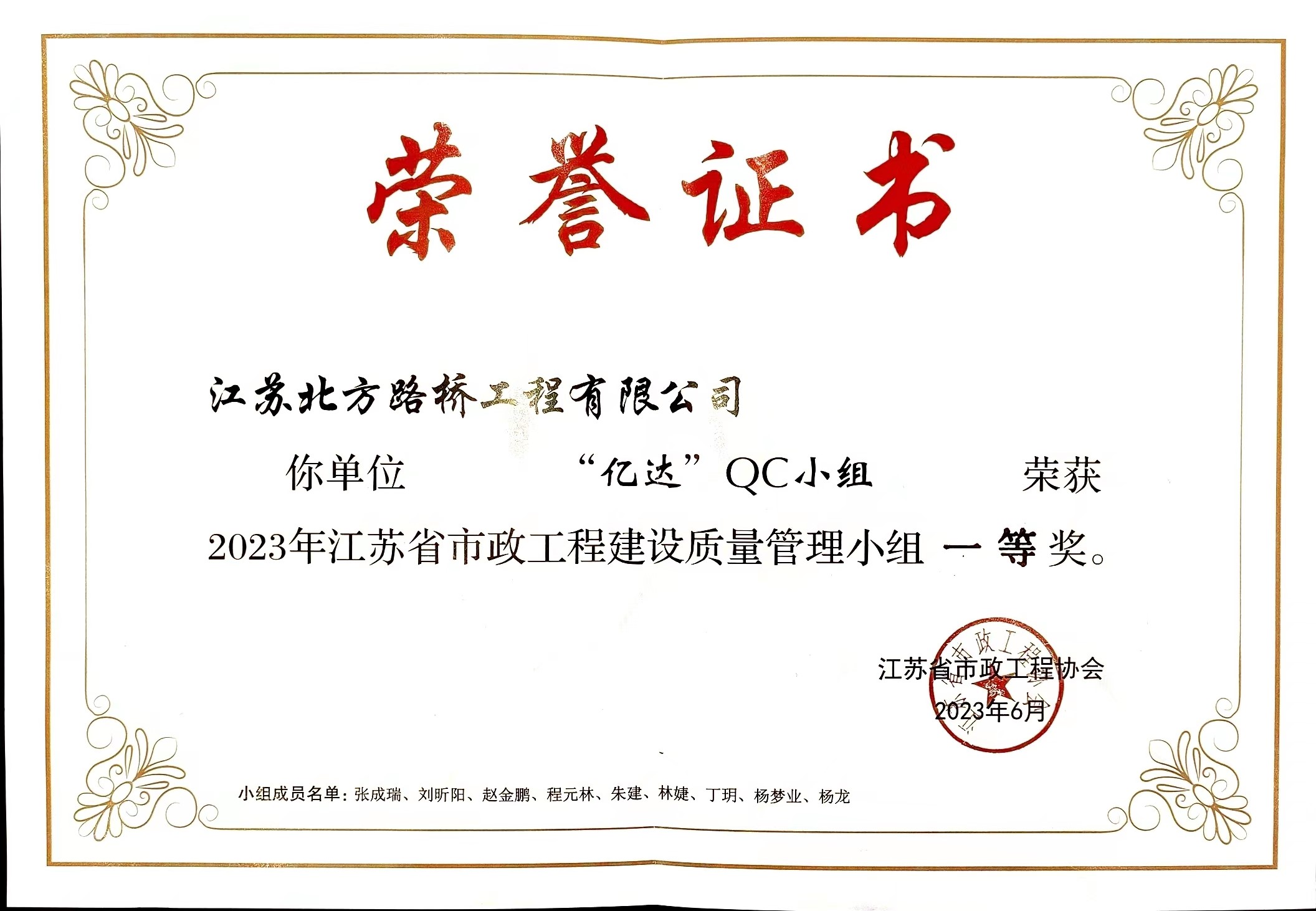 亿达QC小组荣获2023年江苏省市政工程建设质量 管理小组一等奖
